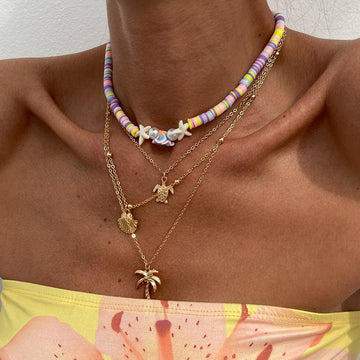 Colorful Polymer Bead Scallop Layered Chain Necklace DP25D775