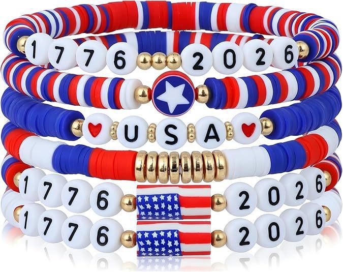 USA Flag Heart Pendant Beaded Chain Bracelet 8ZA6JBR306L