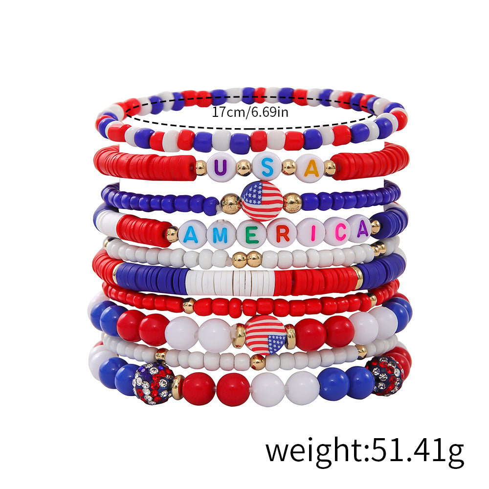 Stylish USA Flag Elastic Beaded Chain Bracelets Set 8ZA6JBR301L