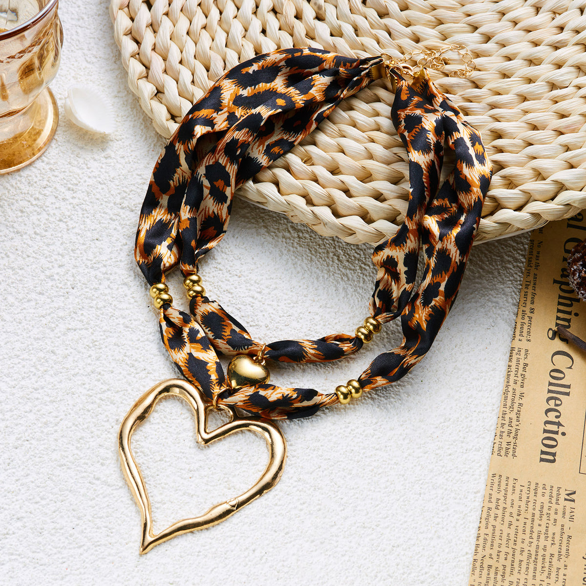 2 Pcs Leopard Print Hear Pendant Scarf Necklace 6W6JNC1003