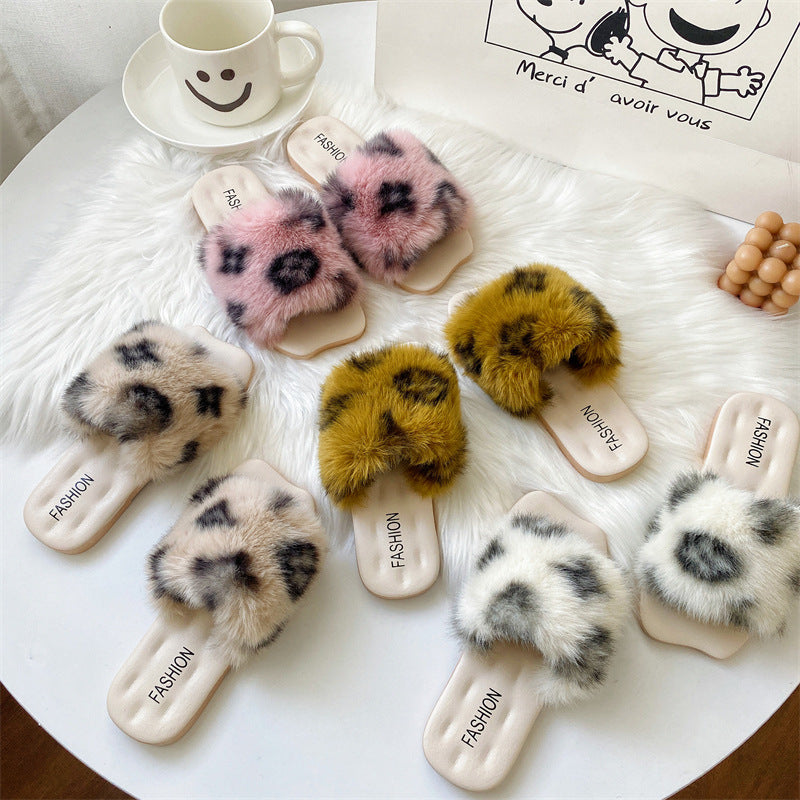 Fuzzy Faux Fur Leopard Print Slippers DP25F897