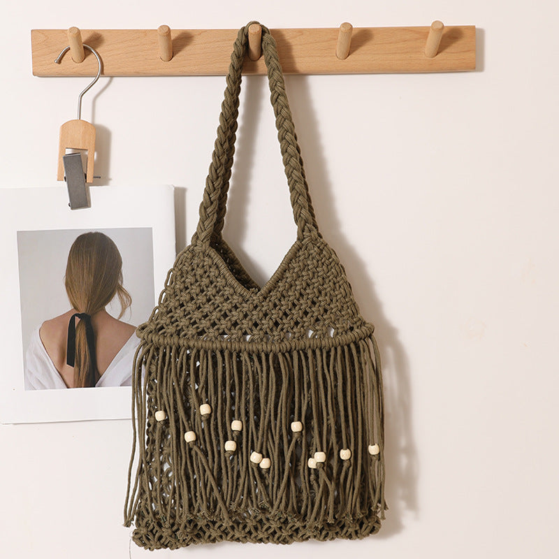 Trendy Wooden Beaded Tassel Hollow Shoulder Bag 8BW6BBG437L
