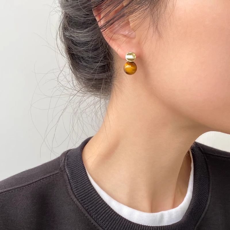 Vintage Natural Tiger Eye Bead Stud Earrings 6W6JER943