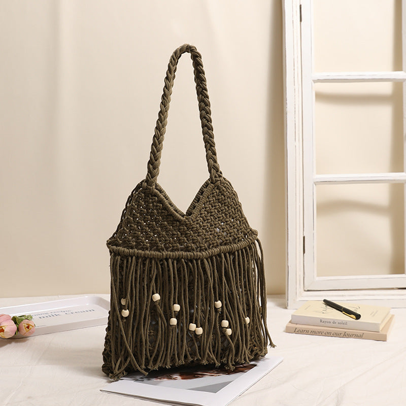 Trendy Wooden Beaded Tassel Hollow Shoulder Bag 8BW6BBG437L