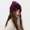 Winter Pearl Rhinestone Solid Color Beanie Hat 6W6HAT642