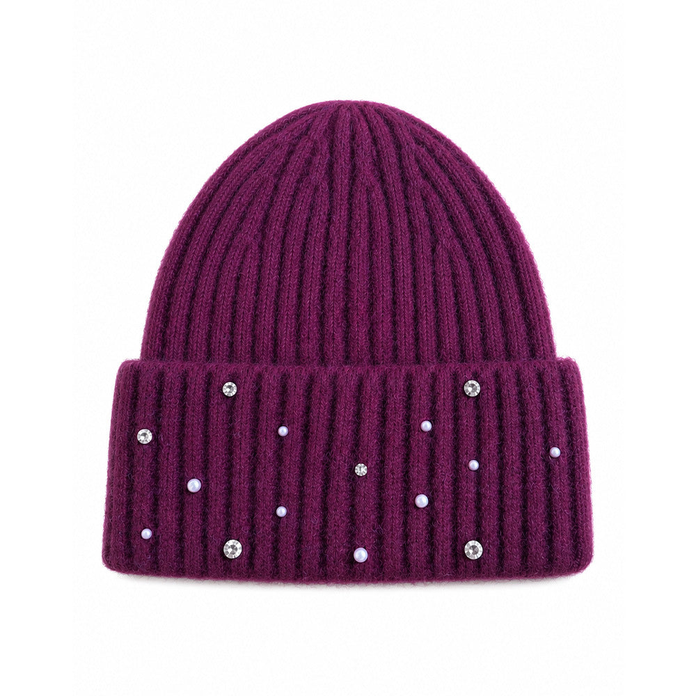 Winter Pearl Rhinestone Solid Color Beanie Hat 6W6HAT642