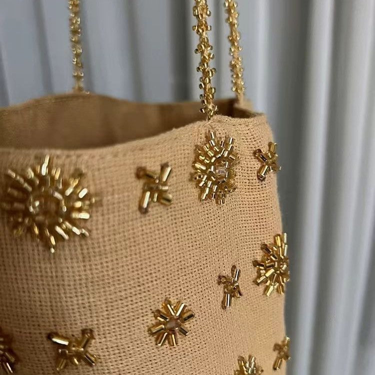 Trendy Metal Beaded Embroidery Denim Bucket Bag 6S10BBG1459
