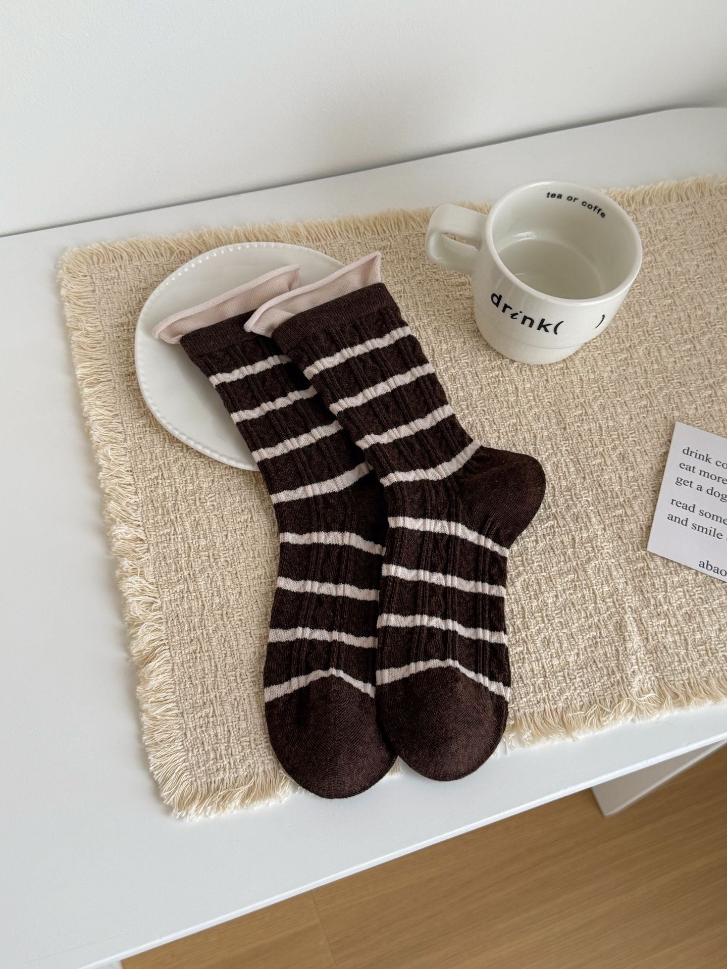 Cozy Striped Cable Knit Thick Crew Socks 6W8FSO693