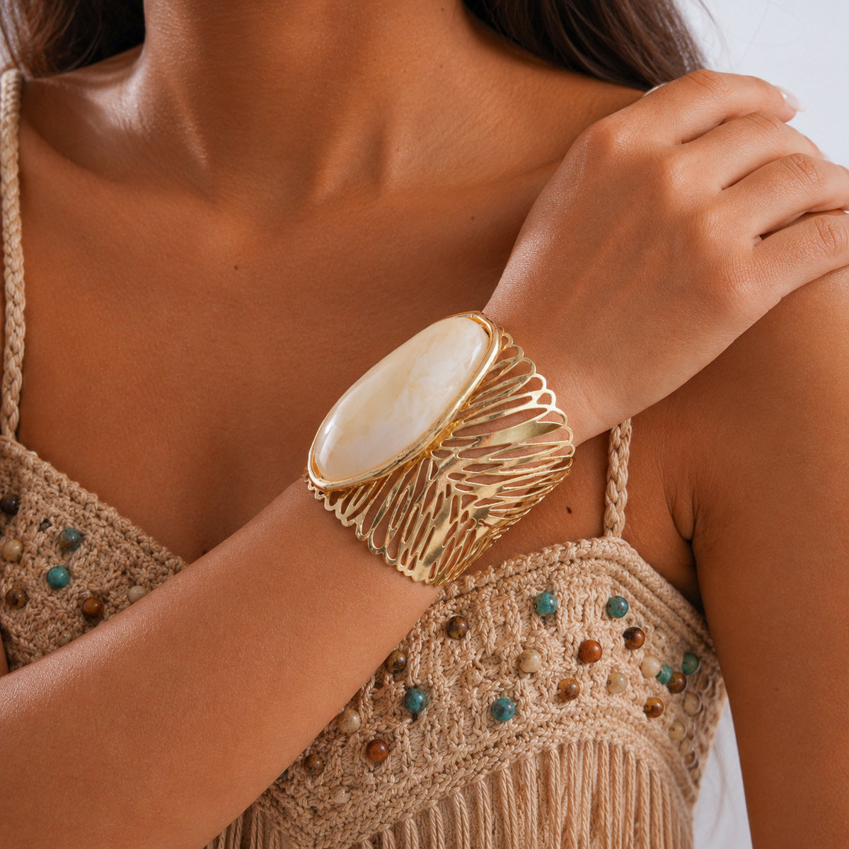 Stylish Oval Stone Hollow Out Wide Cuff Bracelet 6W6JBR585