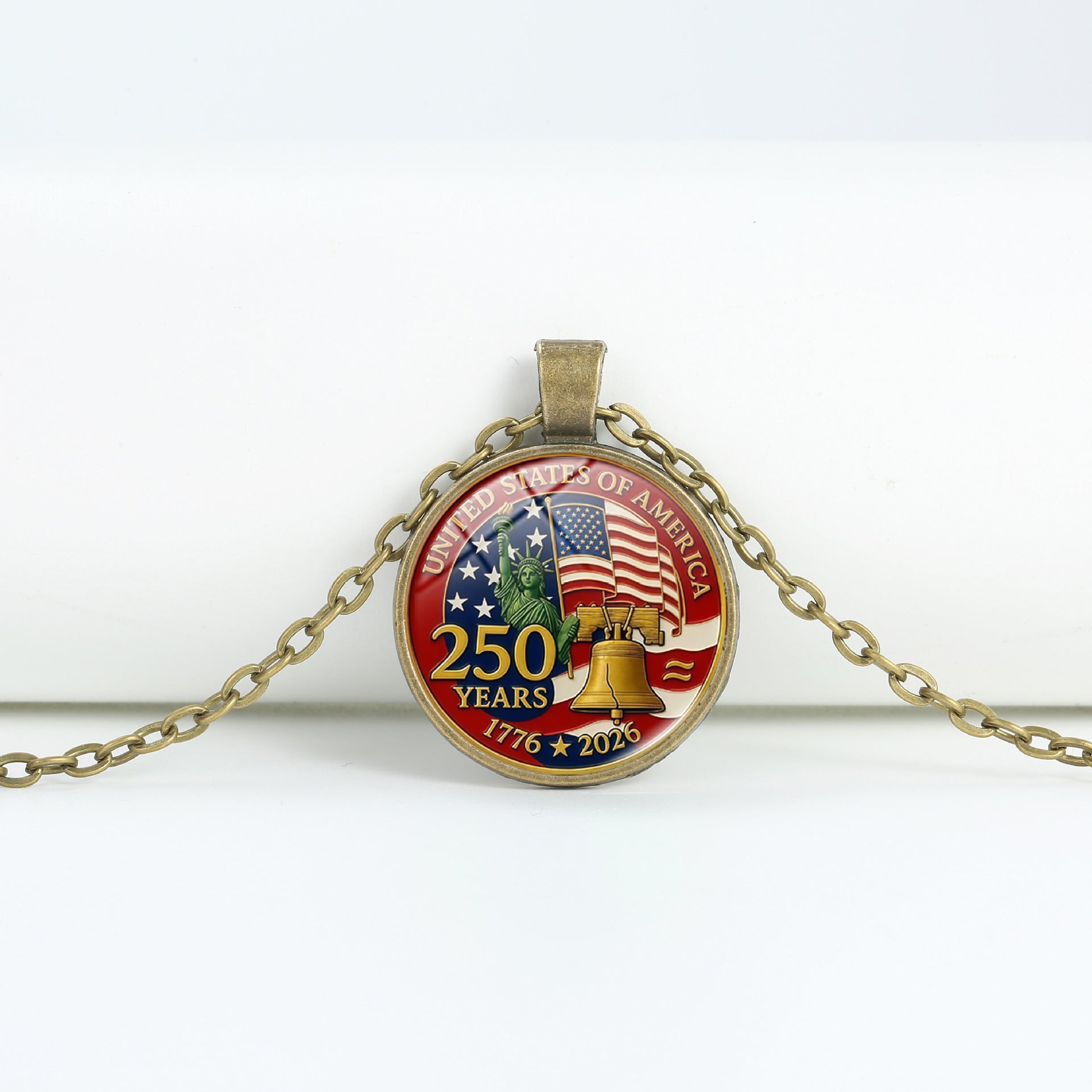 Retro USA Flag Pattern Round Pendant Chain Necklace 8ZA6JNC278T