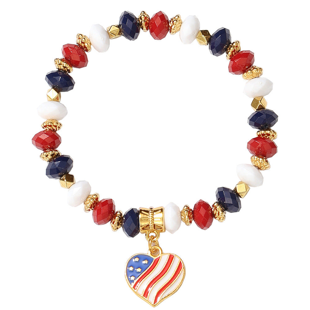 USA Flag Heart Pendant Beaded Chain Bracelet 8ZA6JBR306L
