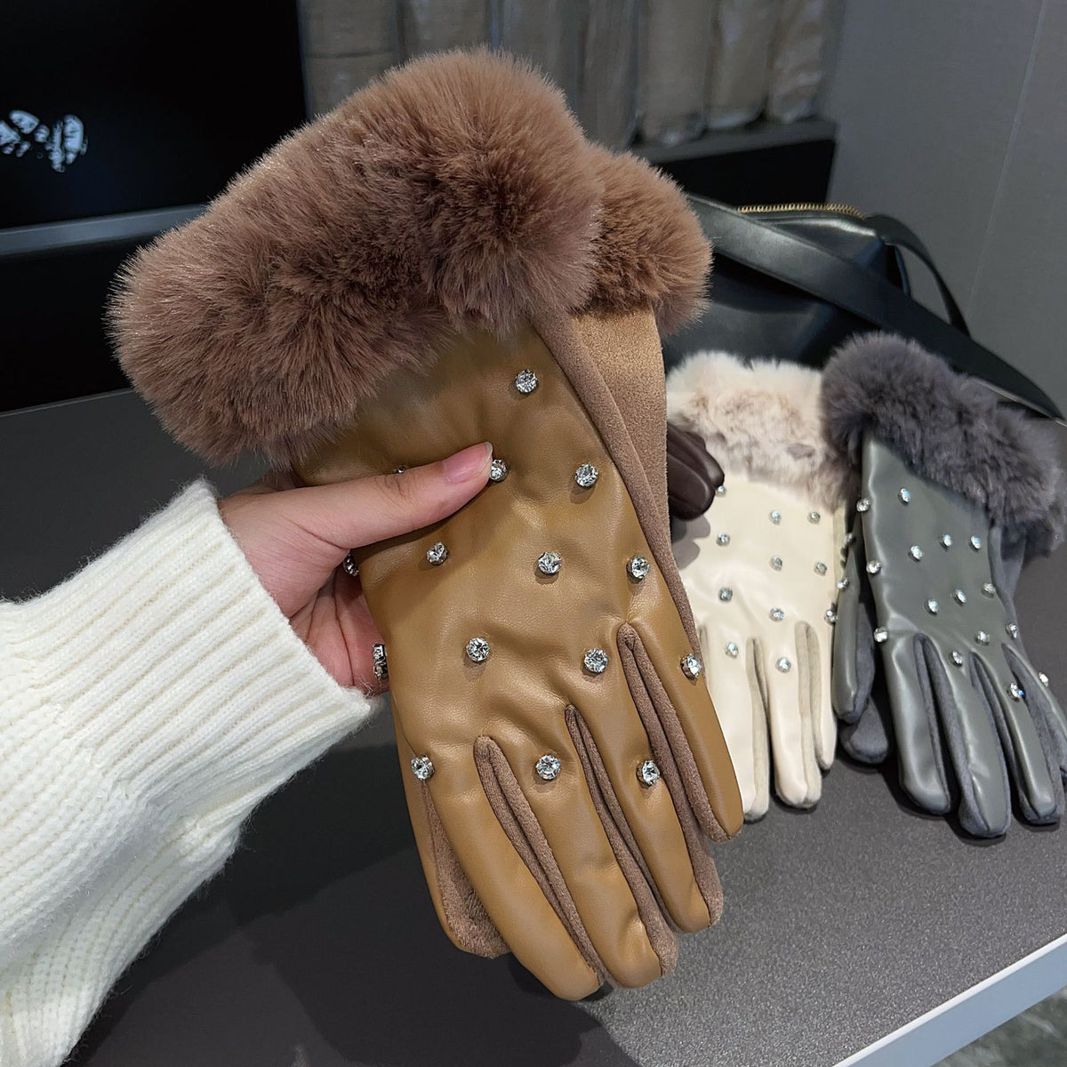 Rhinestone Plush Warm Gloves - DippedShop Wholesale - #6499