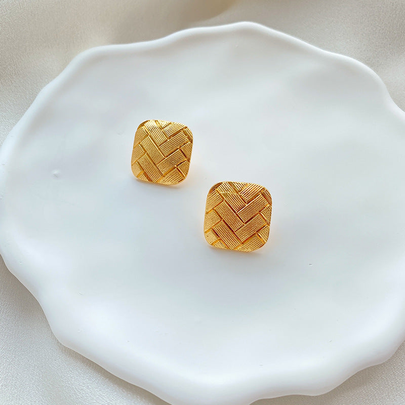 Square Stripe Carven Gold Plated Stud Earrings DPJE1244