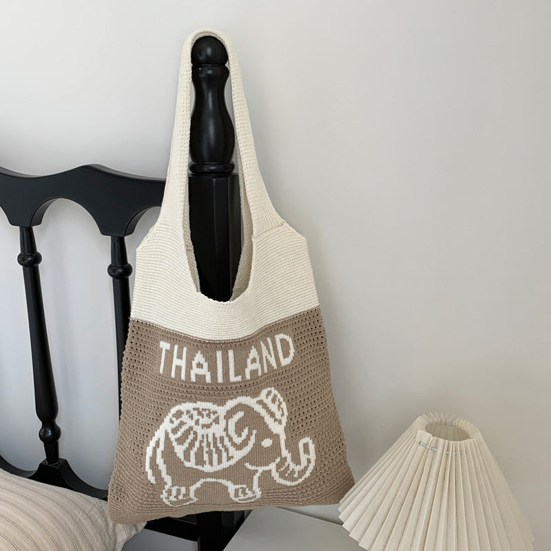 Casual Letter Elephant Knitted Shoulder Bag 6W10BBG1791
