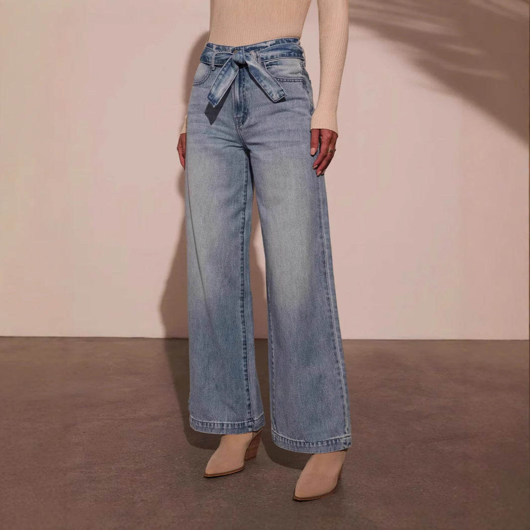 Elegant Tie Front High Waisted Straight Leg Jeans DP25G684