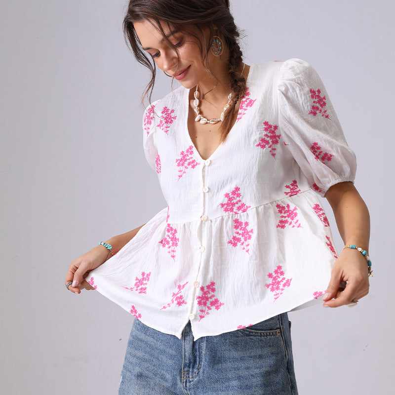 Floral Embroidered V-Neck Button Down Shirt DP25C853
