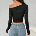 Rhinestone One Shoulder Crop Top - DippedShop Wholesale - #7555