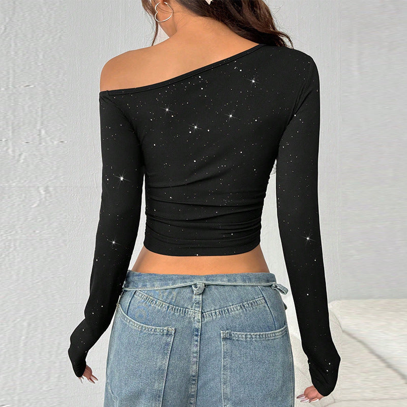 Rhinestone One Shoulder Crop Top - DippedShop Wholesale - #7555
