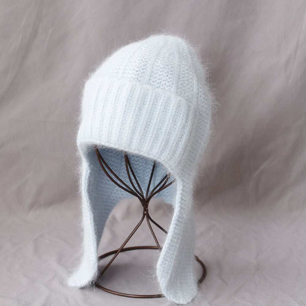 Fuzzy Angora Rabbit Fur Earflap Knit Beanie 6W6HAT691