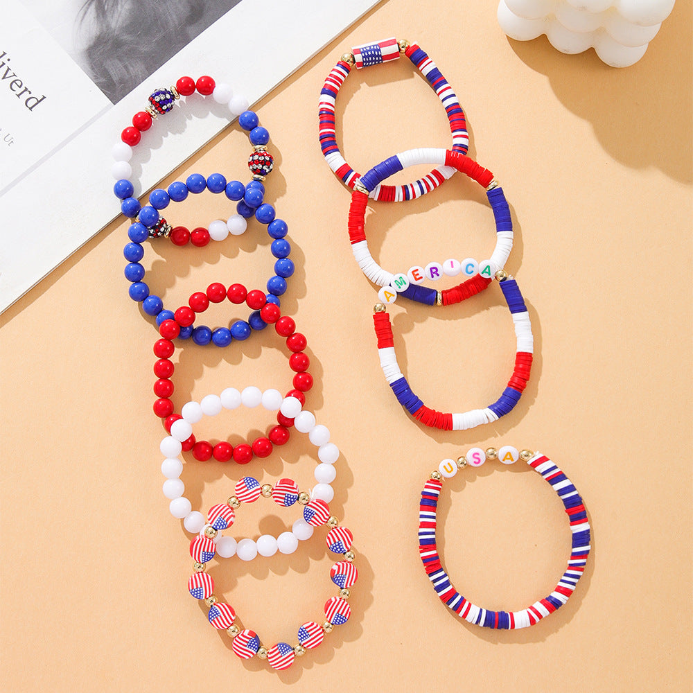 Stylish USA Flag Elastic Beaded Chain Bracelets Set 8ZA6JBR301L