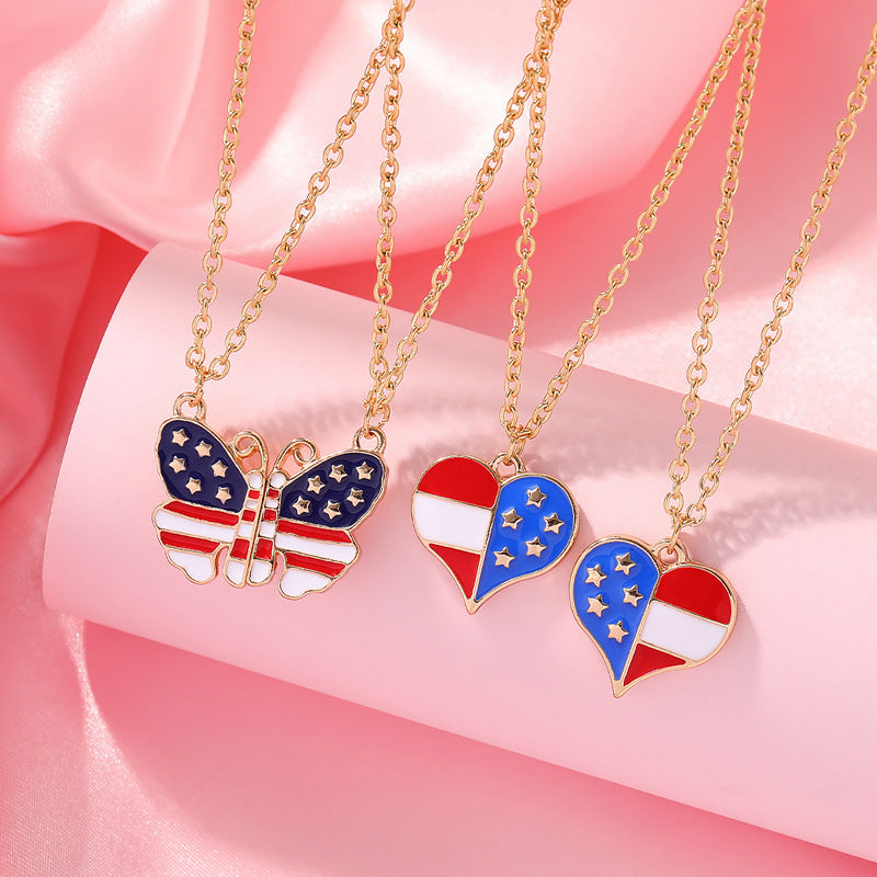 2Pcs USA Flag Heart Necklace Butterfly Necklaces DP25D497