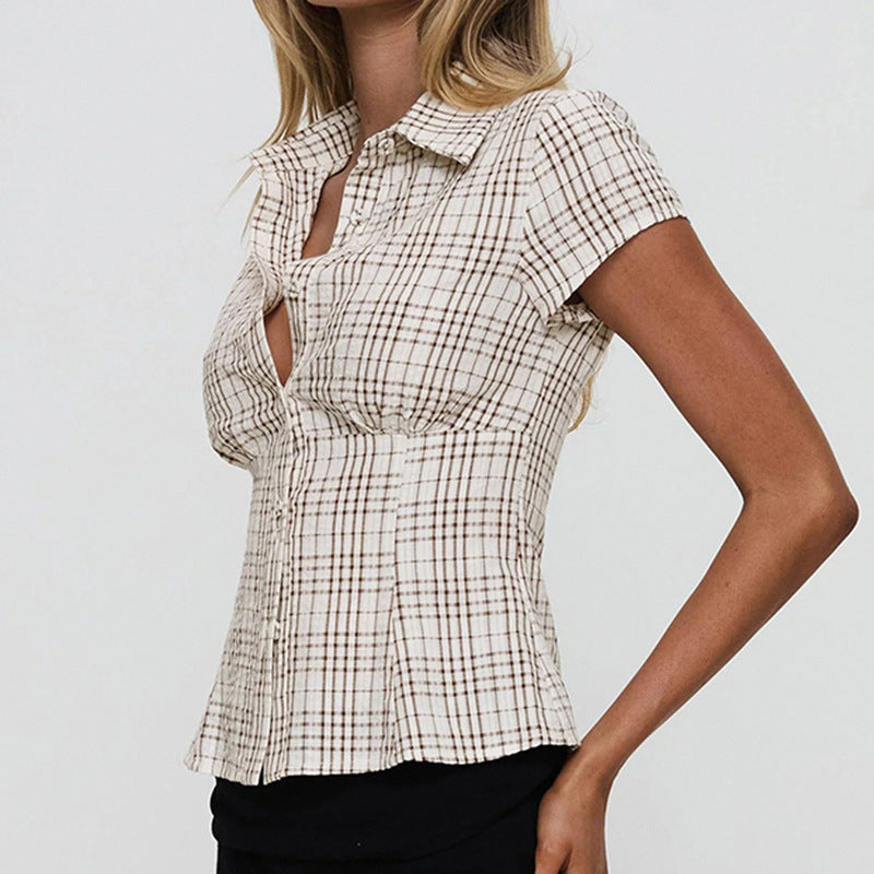 Color Block Plaid Short Sleeve Shirt DP25F516