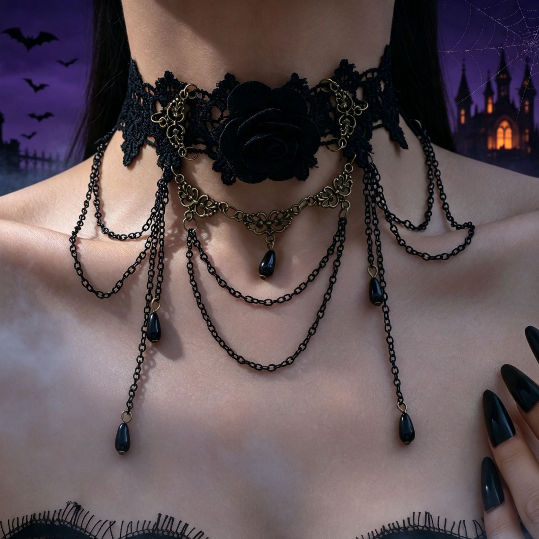 Halloween Lace Hollow Out Tassel Choker Necklace 6W6JNC610