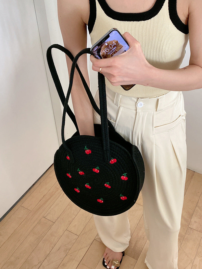 Embroidered Cherry Round Woven Bag DPWB11