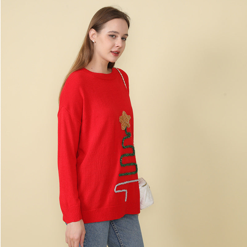 Red Christmas Round Neck Loose Pullover Sweater DPT1422