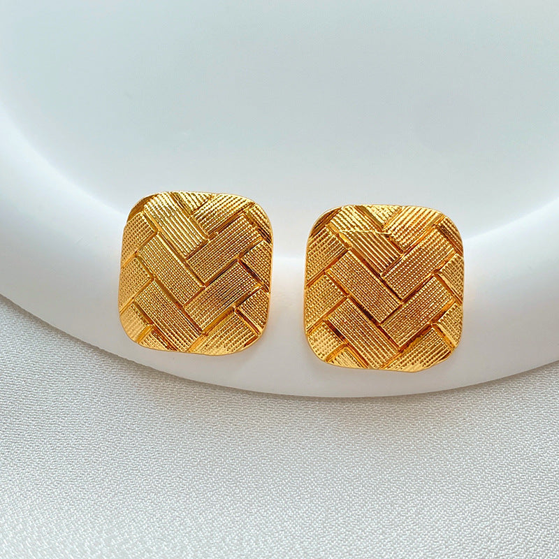 Square Stripe Carven Gold Plated Stud Earrings DPJE1244