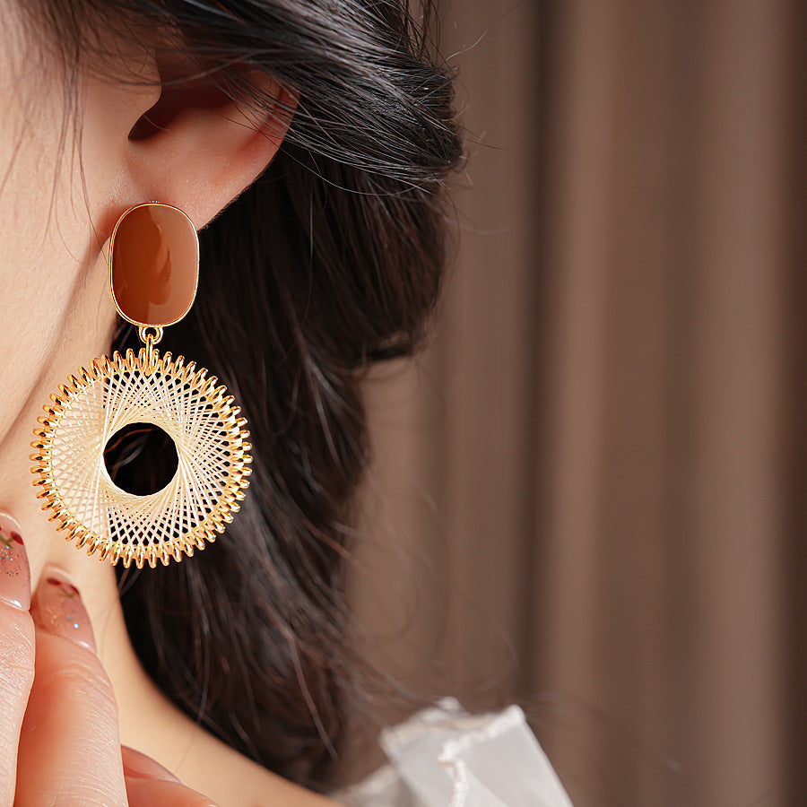 Boho Woven Mesh Circle Drop Statement Earrings 6W6JER822