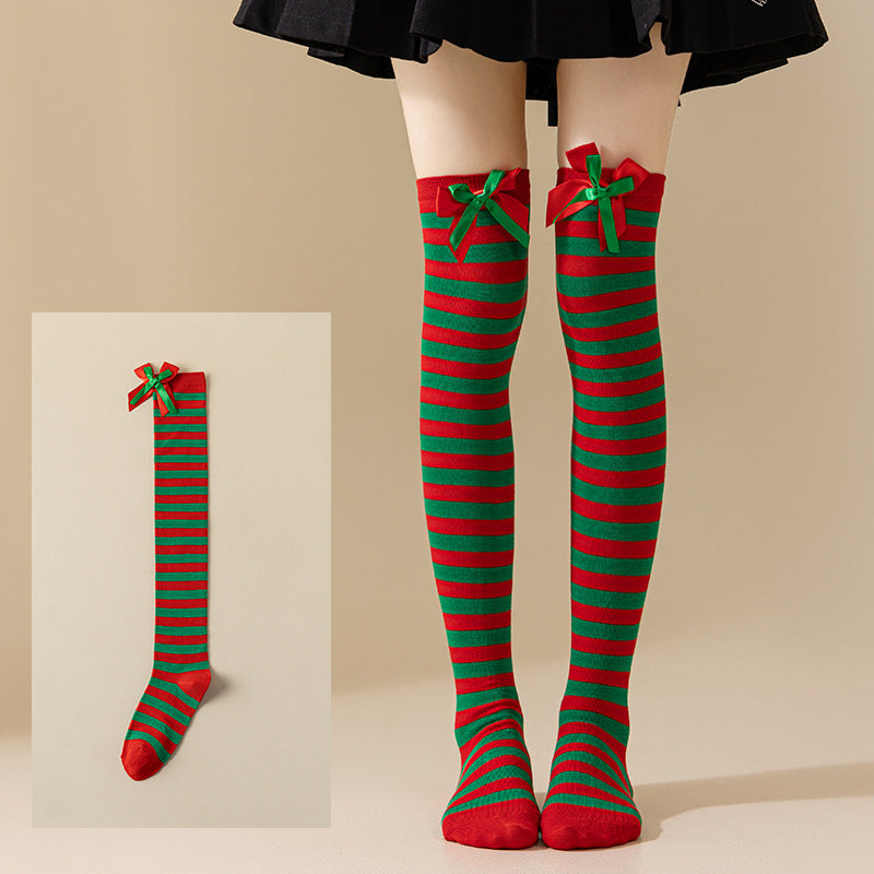 Christmas Bow Pom Pom Thigh High Socks 6W8FSO914