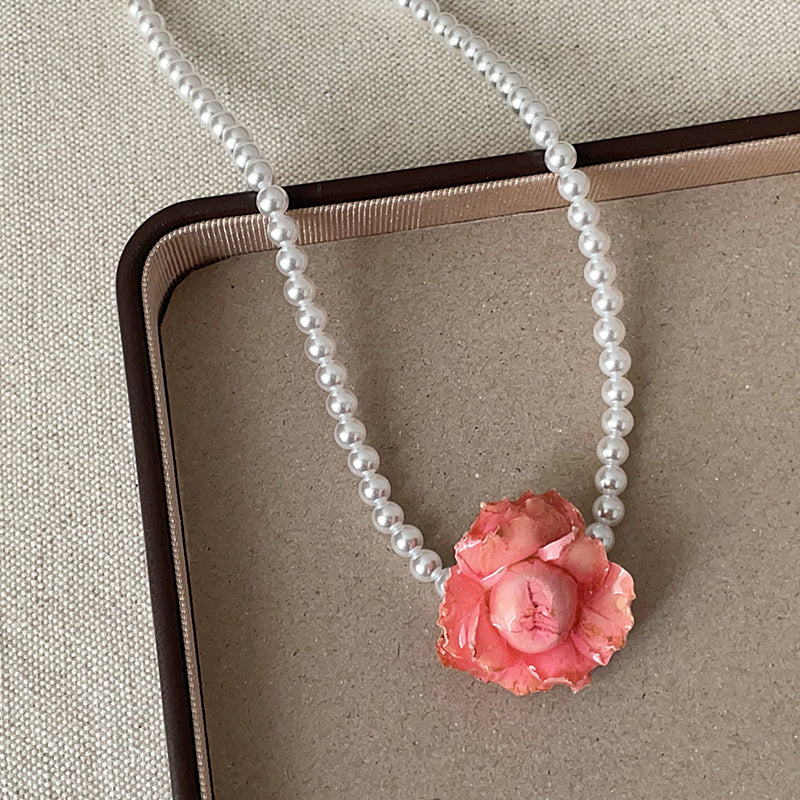 Vintage Pink Rose Flower Pearl Choker Necklace 6W6JNC385L