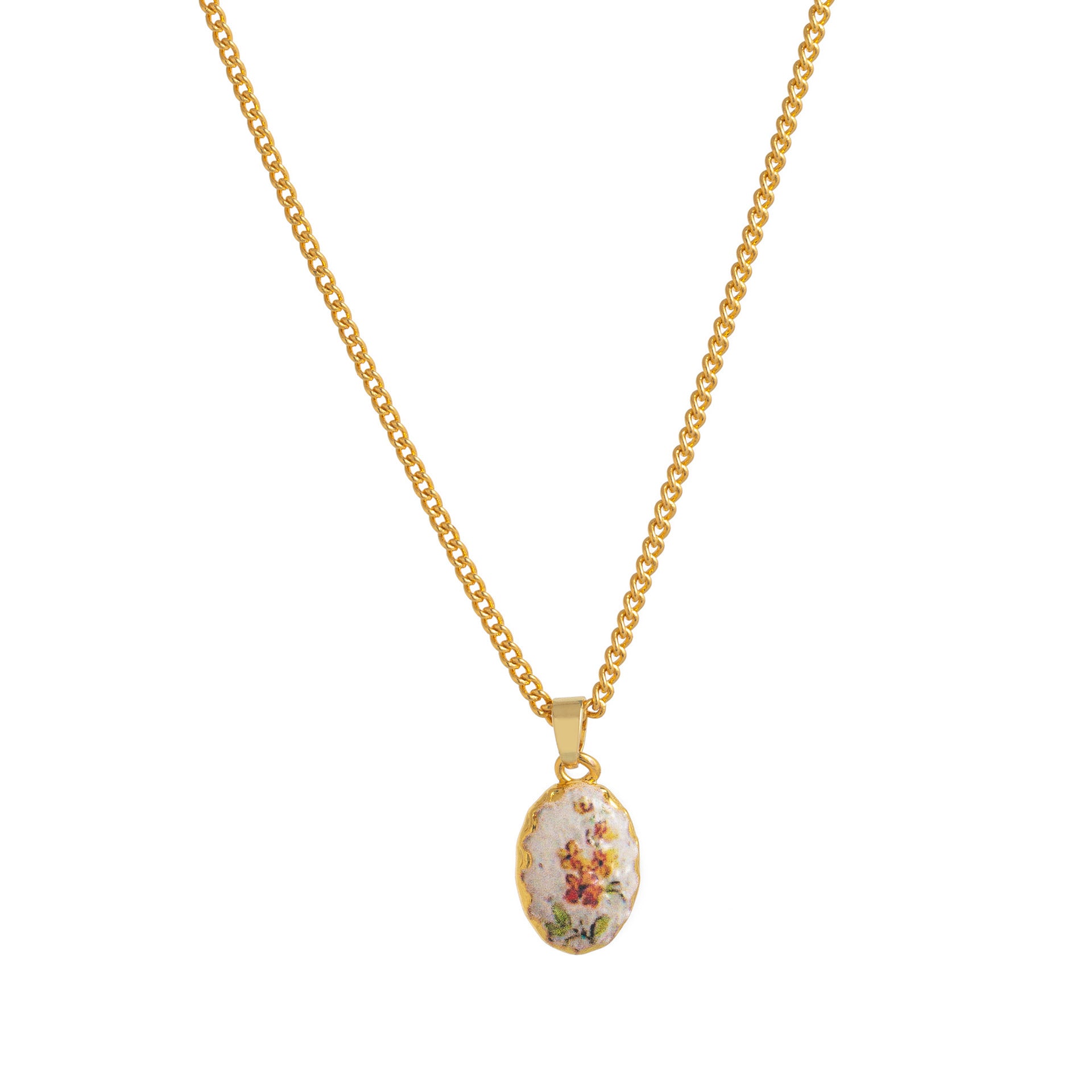 Retro Floral Print Oval Pendant Chain Necklace 6W6JNC412L