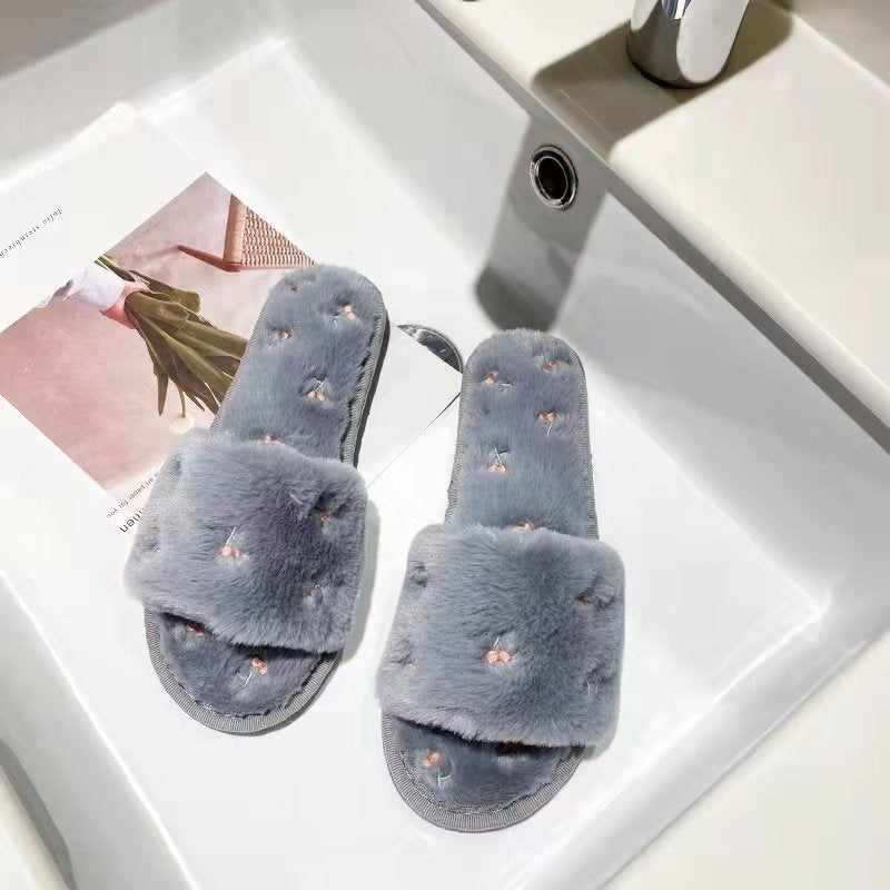 Plush Cherry Embroidered Slippers - DippedShop Wholesale - #8723