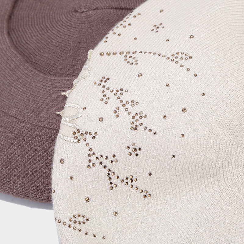 Vintage Rhinestone Floral Embroidery Knit Beret Hat 6W6HAT523