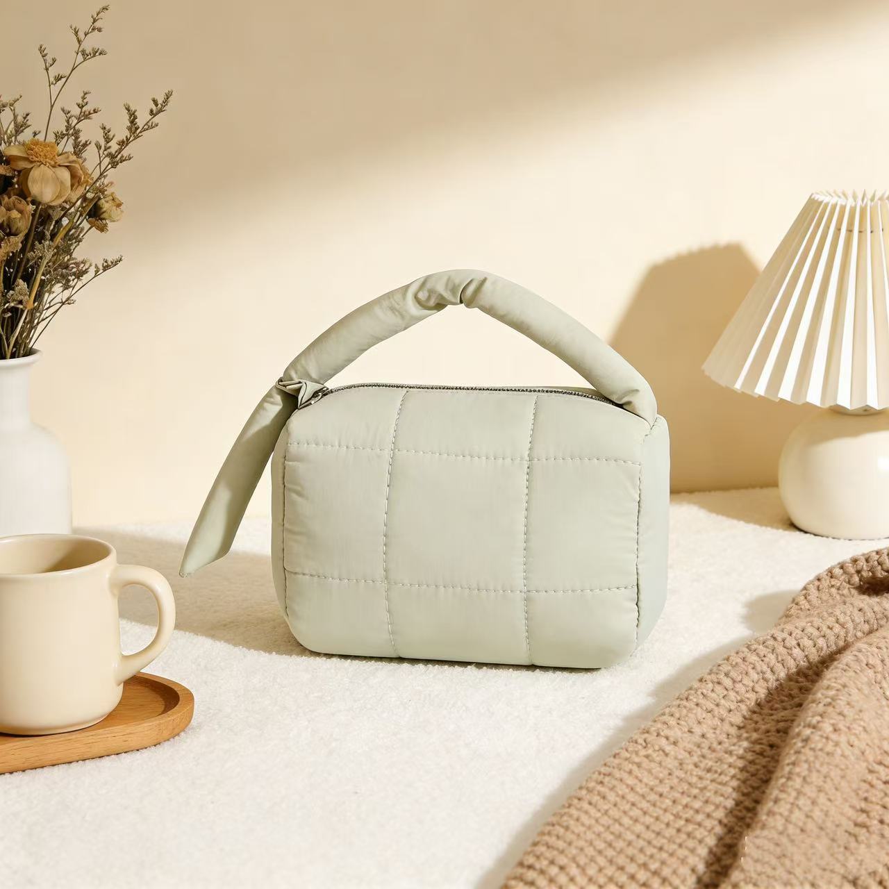 Solid Color Cotton Quilted Top Handle Cosmetic Bag 6S10BOB1042