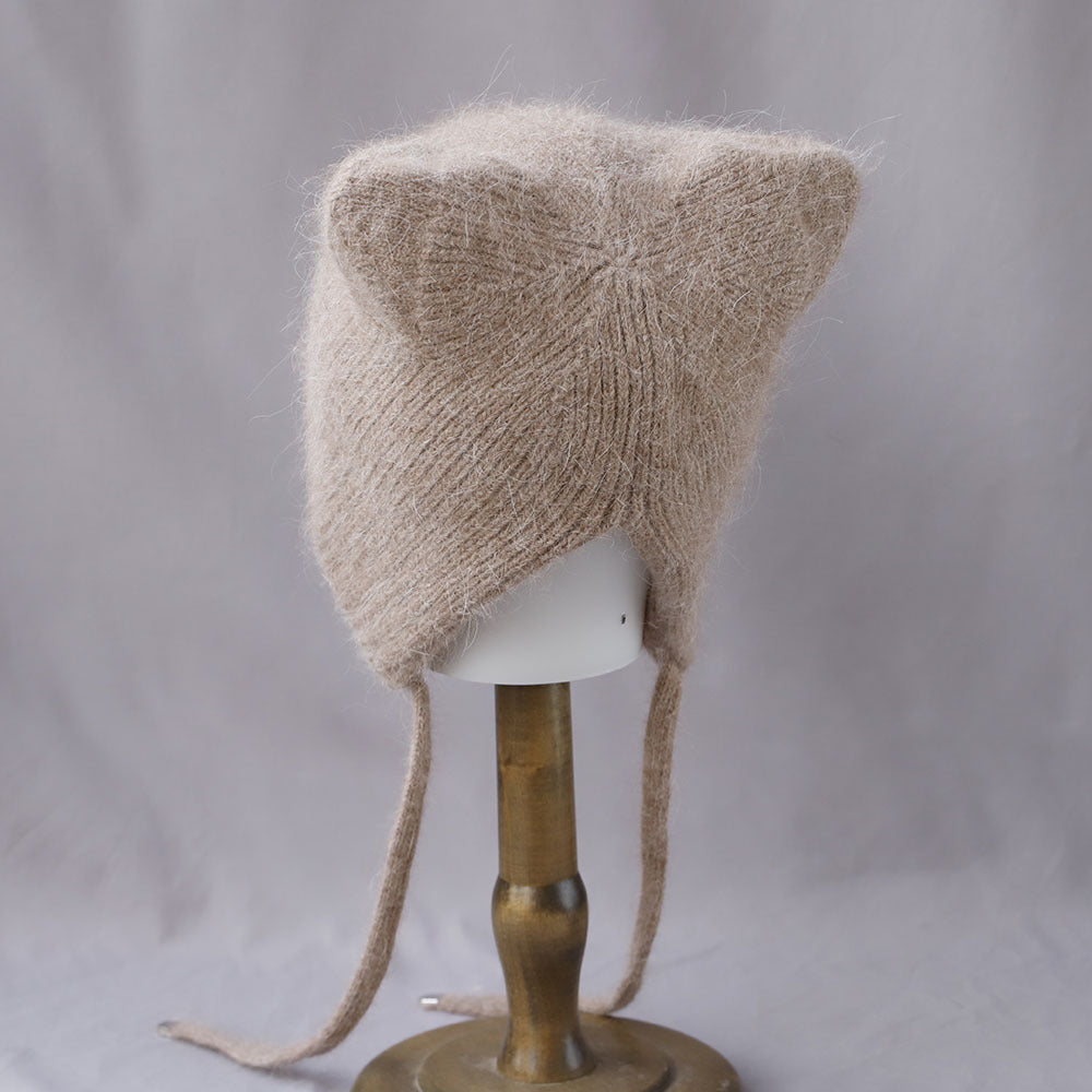 Soft Fuzzy Earflap Knit Beanie with Ties 6W6HAT693