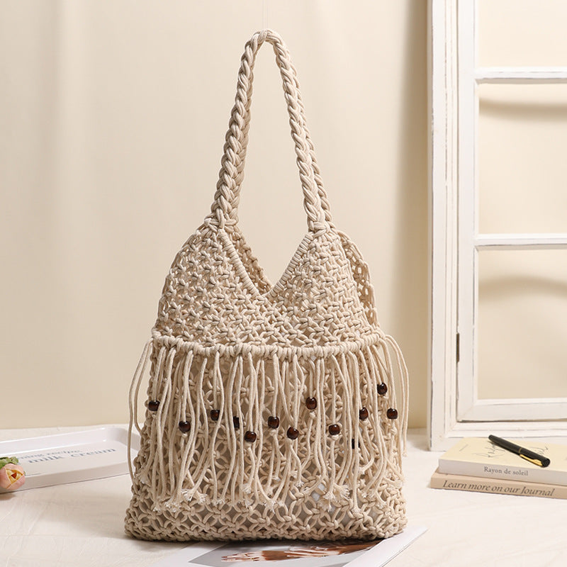 Trendy Wooden Beaded Tassel Hollow Shoulder Bag 8BW6BBG437L