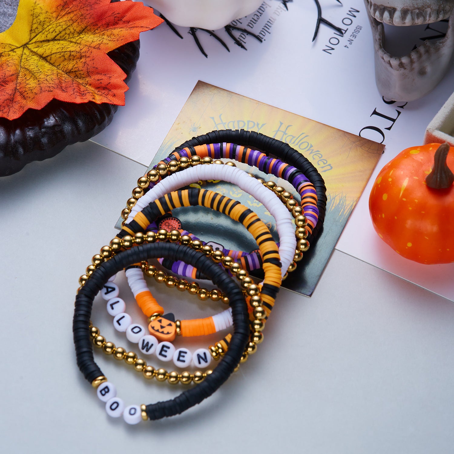 Playful Halloween Pumpkin Spider Beaded Bracelet 6W6JBR450