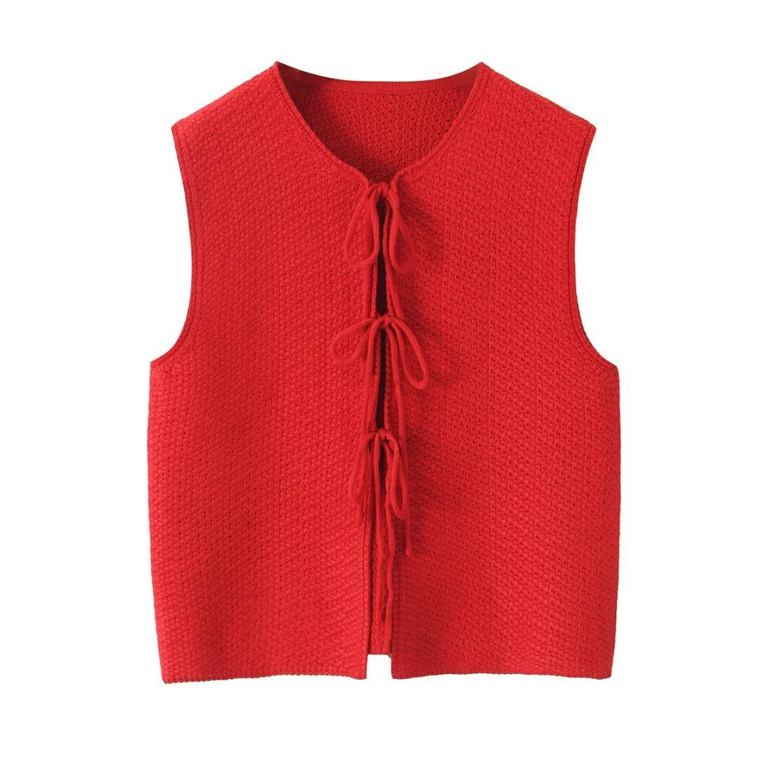 Round Neck Tie-Front Sleeveless Knit Vest DP25E921