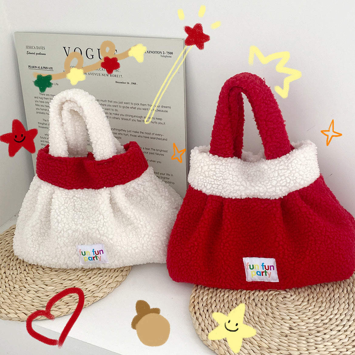 Cute Red Plush Fuzzy Christmas Tote Handbag 6W10BOB1346