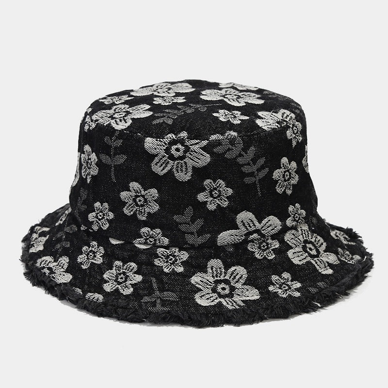Trendy Floral Print Frayed Denim Bucket Hat MK2BW6W6HAT69