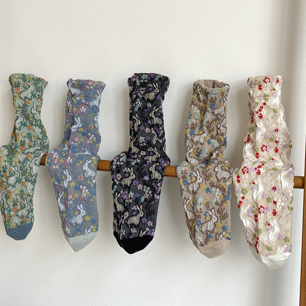Jacquard Floral Bunny Socks - DippedShop Wholesale - #2355