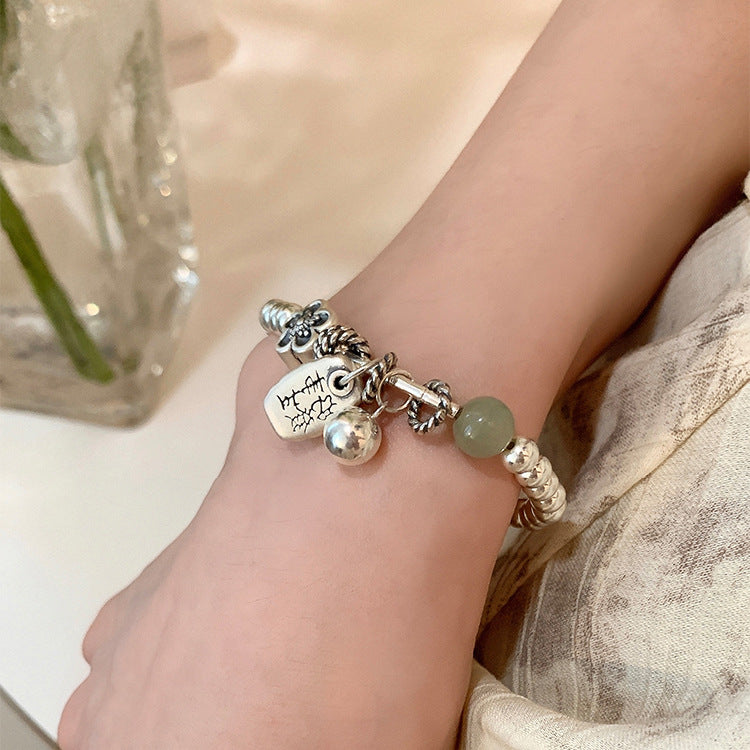 Chunky Silver Flower Stone Charm Beaded Bracelet 6W6JBR334