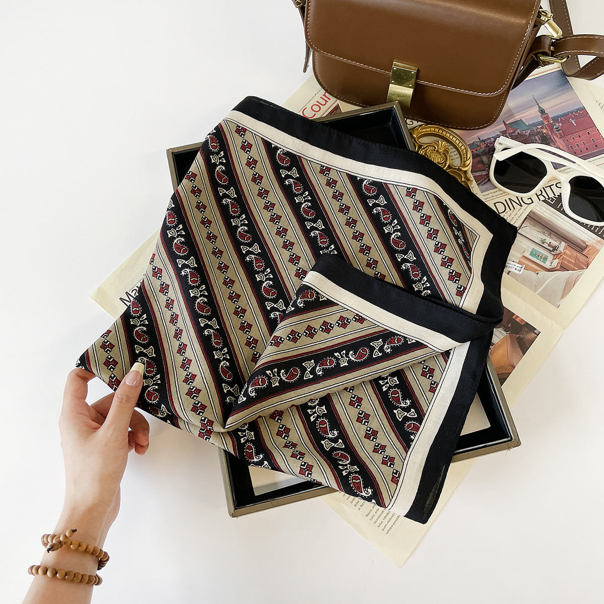 Trendy Striped Paisley Print Headscarf Silk Scarf 6W6NSC231