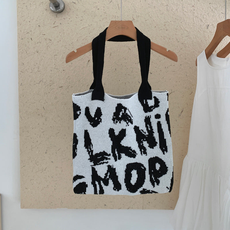 Trendy Letter Graphic Knit Shoulder Tote Bag 6W10BBG1790