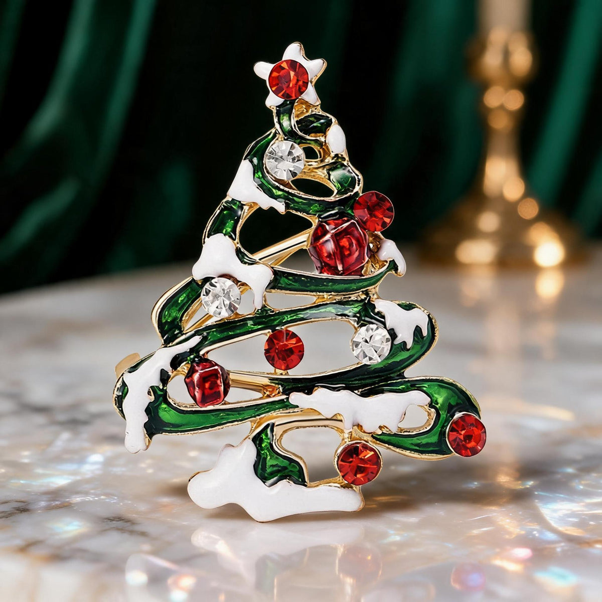Enamel Rhinestone Snowy Christmas Tree Brooch 6W6JPB61