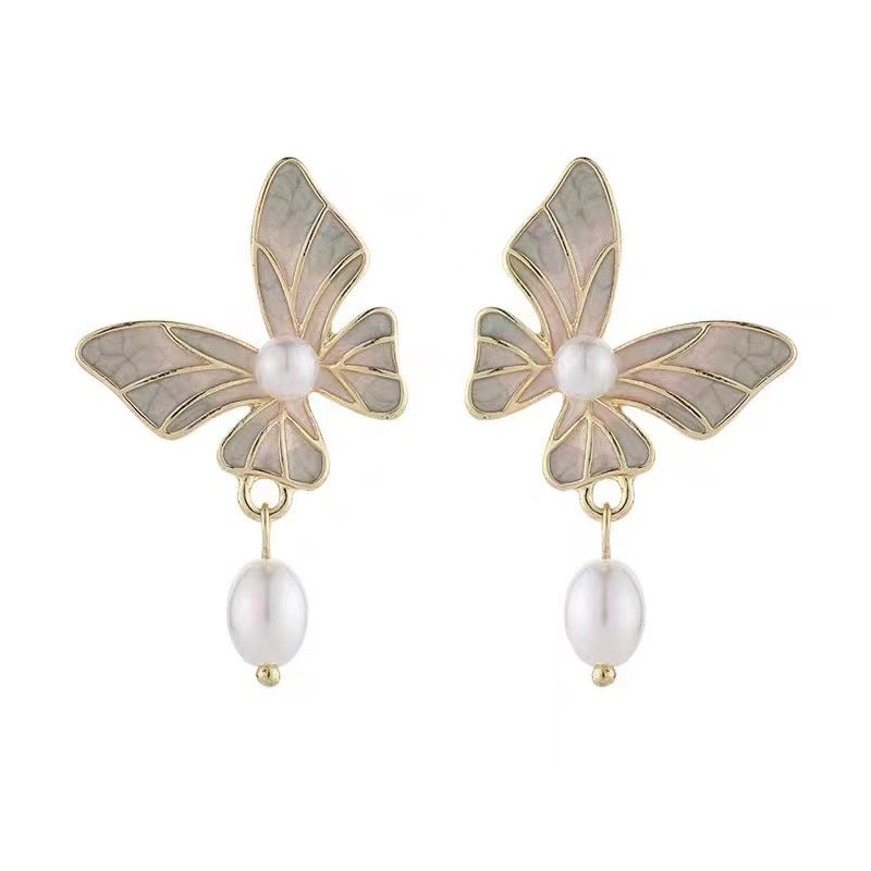 Colorful Butterfly Pearl Pendant Clip Earrings DPJE1233