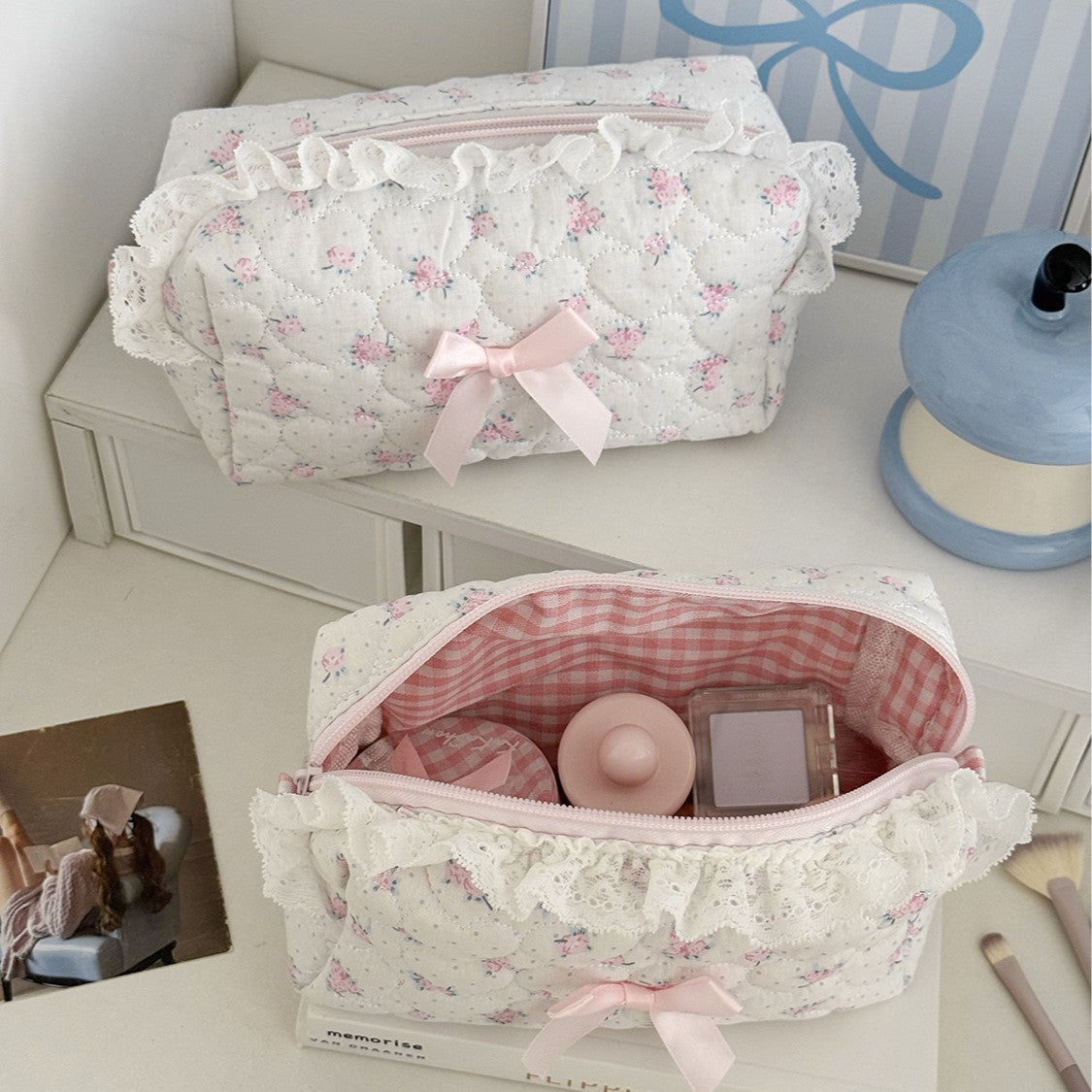Lace Trim Floral Cosmetic Bag - DippedShop Wholesale - #9155